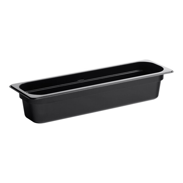 A black rectangular Cambro polycarbonate food pan with a rectangular bottom.