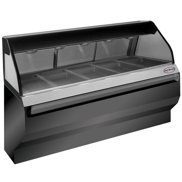 A black Alto-Shaam heated display case with curved glass on a counter.