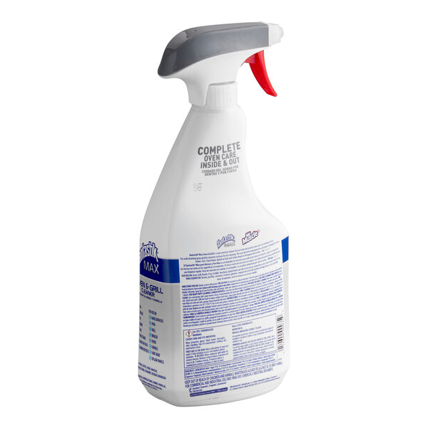 A white spray bottle with a gray and red trigger, featuring text and instructions on the back label.