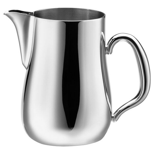 A silver stainless steel Walco Soprano creamer with a handle.