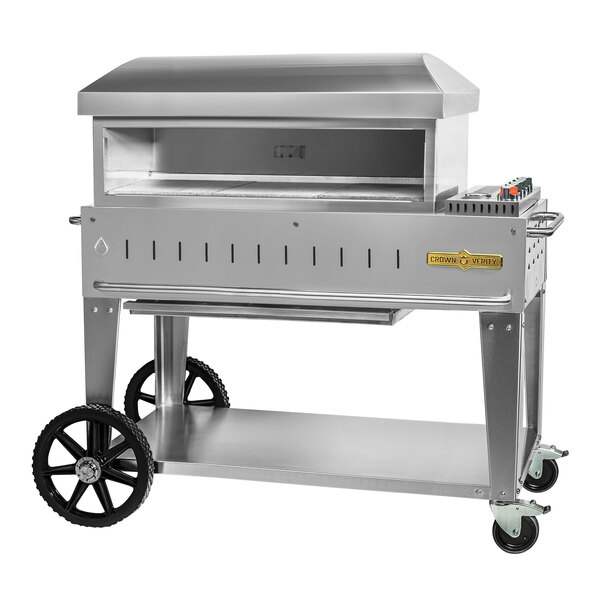 a silver barbecue grill with wheels