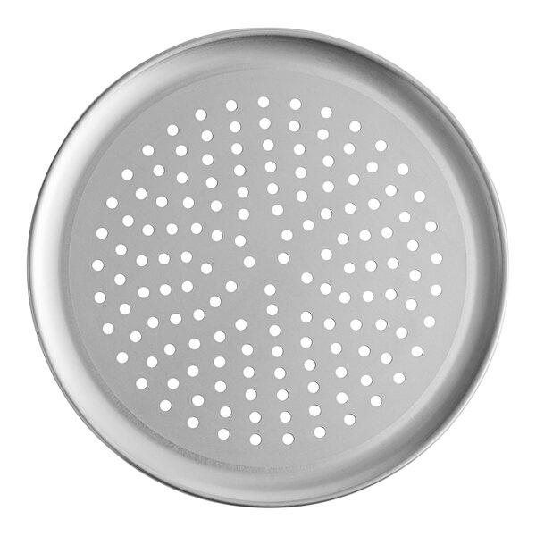 A round, perforated aluminum pizza pan.