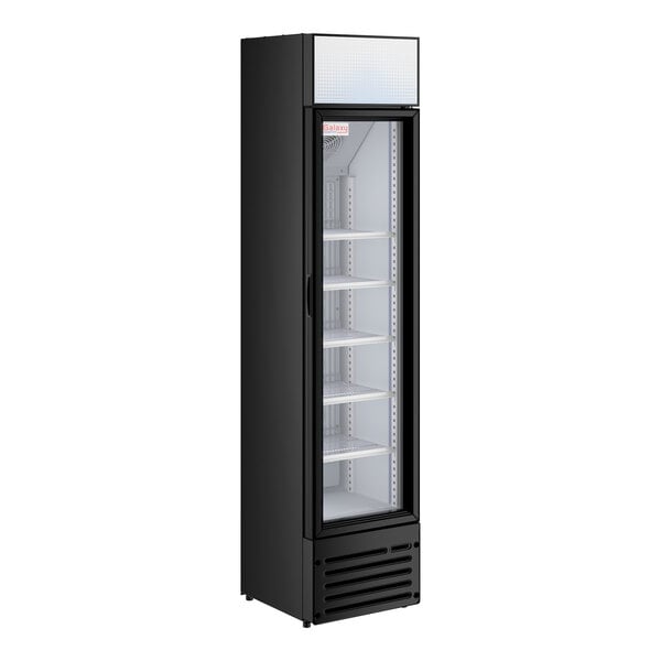 A tall, black swing glass door merchandiser refrigerator with multiple shelves and LED lighting.