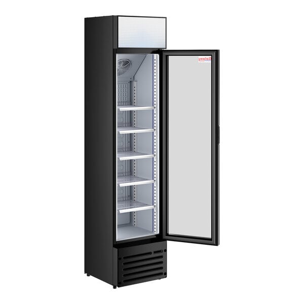 A tall black swing glass door merchandiser refrigerator with multiple shelves and interior LED lighting.