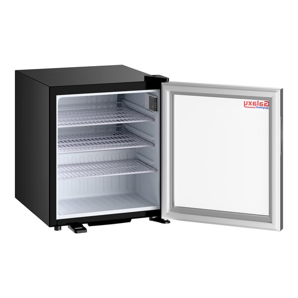 A black countertop display refrigerated merchandiser with a glass door and three wire shelves.