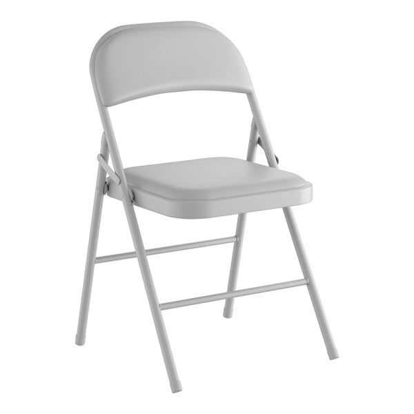 A gray vinyl folding chair with a padded seat and backrest.
