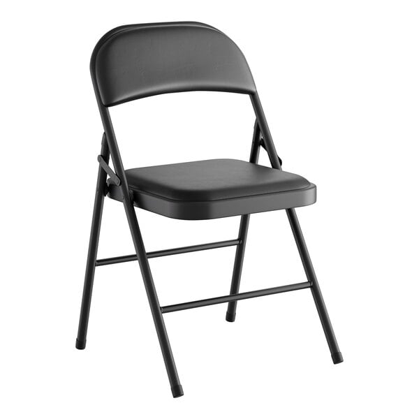 A black vinyl folding chair with a padded seat and backrest.