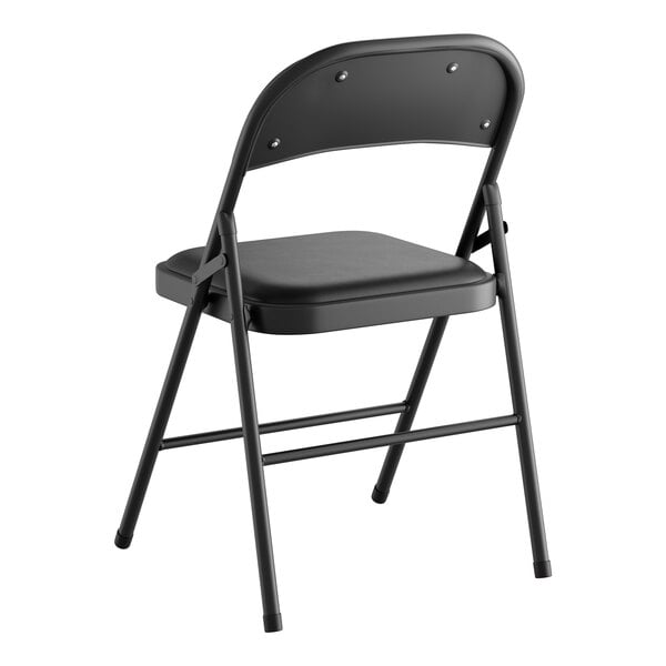 A black metal folding chair with a padded vinyl seat and backrest.