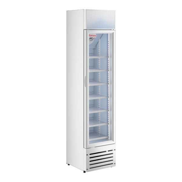 A tall, narrow white glass door merchandiser refrigerator with multiple shelves and LED lighting.