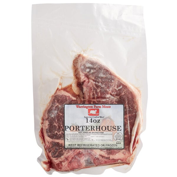 A package of Warrington Farm Meats frozen Porterhouse steaks.