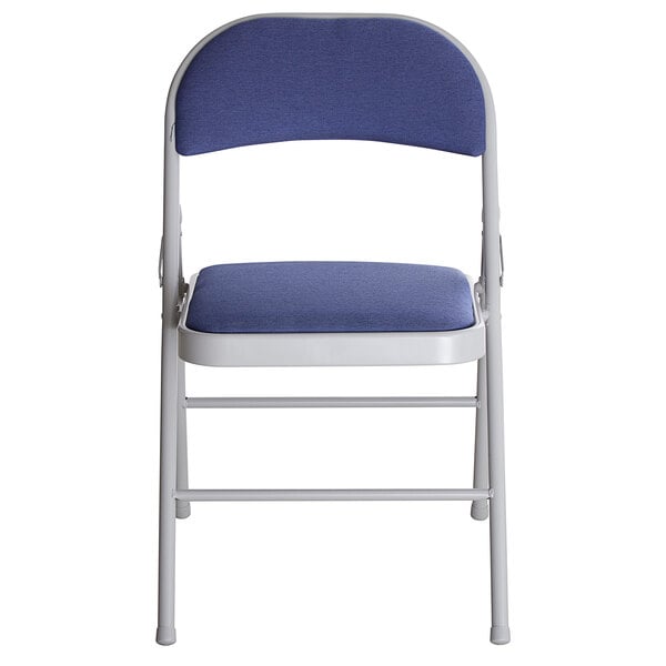 a blue and white folding chair
