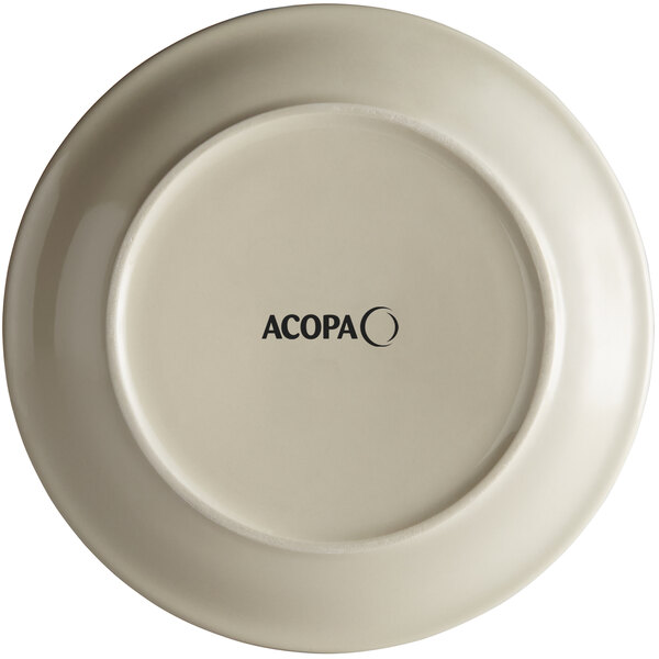 A white Acopa stoneware plate with black text reading "Acopa" on the narrow rim.