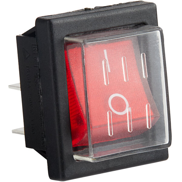 A Galaxy red switch with a clear plastic cover.