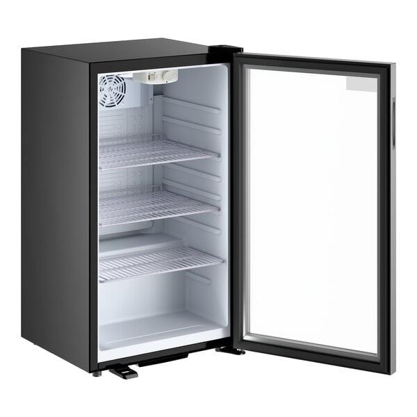 A black countertop display refrigerated merchandiser with a glass door and three wire shelves.