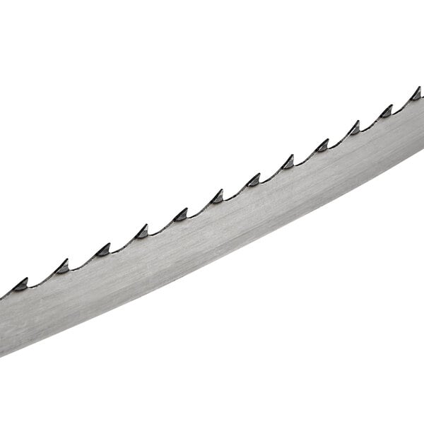 A close-up of a 98" band saw blade with sharp teeth.