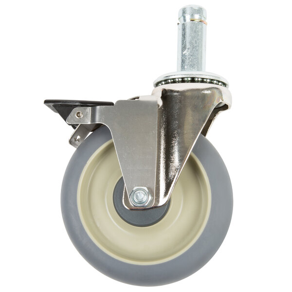 A MetroMax iQ swivel stem caster with a metal wheel and a brake.