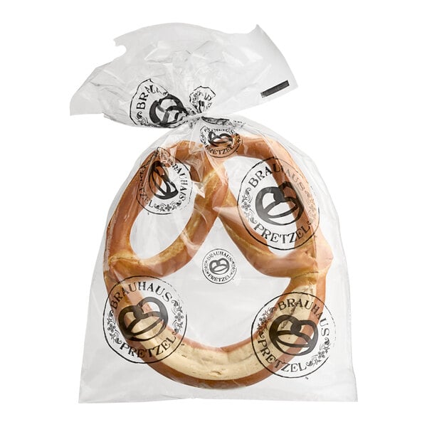 A white plastic bag of Brauhaus Bavarian Soft Pretzels with a label.