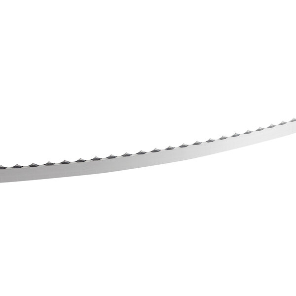 A long, curved steel band saw blade with black edges.