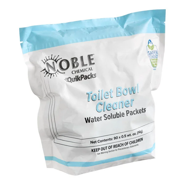A bag of Noble QuikPacks concentrated toilet bowl cleaner water soluble packets, 90 count.