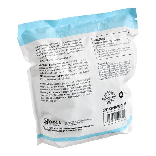 A bag of Noble QuikPacks concentrated toilet bowl cleaner packs containing 90 individual packets.