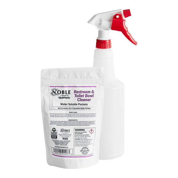 A white bag with purple and black text for Noble Chemical QuikPacks restroom and toilet bowl cleaner packets.