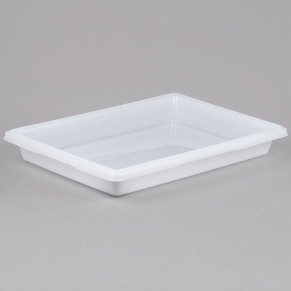 A white plastic Rubbermaid food storage container with a lid.