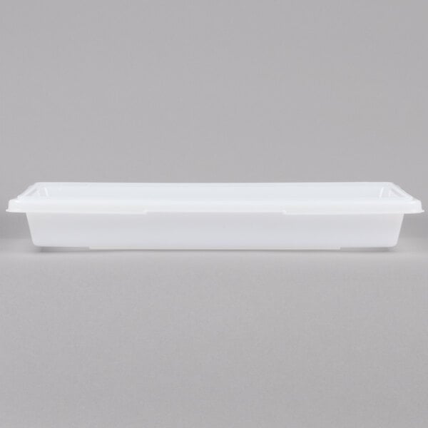 A white Rubbermaid polyethylene food storage container with a lid.