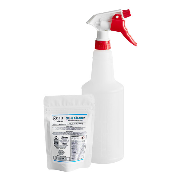 A white plastic bottle with a white lid next to a white bag with black and blue text.