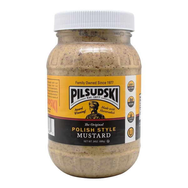 A 24 oz. jar of Pilsudski Polish Style Horseradish Mustard.