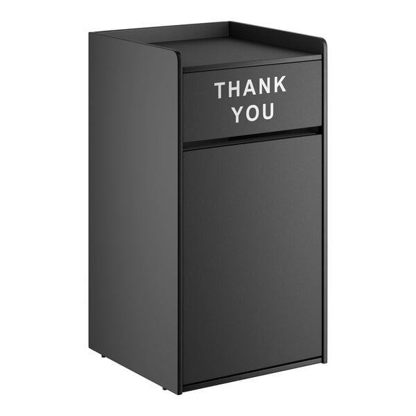 A black 35-gallon waste receptacle enclosure with a swing door labeled 'THANK YOU'.