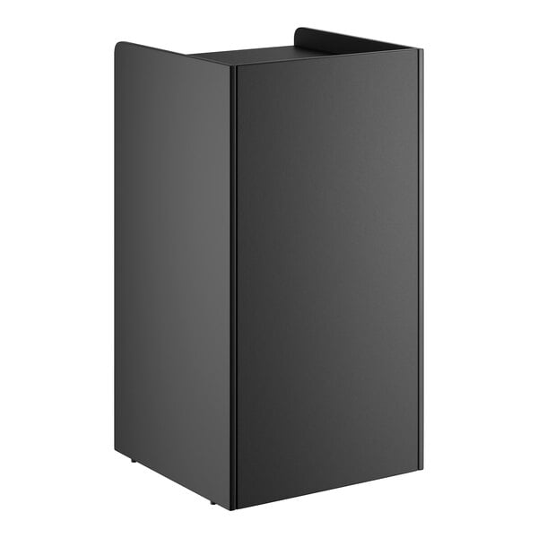 A black 35-gallon waste receptacle enclosure with a swing door labeled 'THANK YOU'.