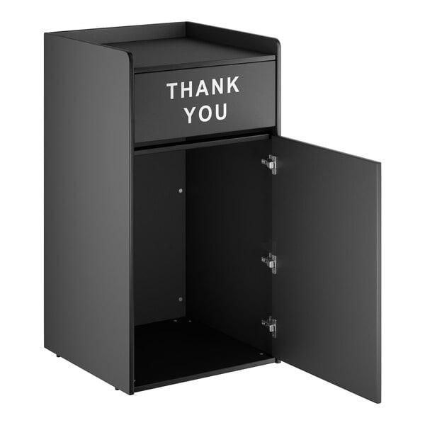 A black waste receptacle enclosure with a swing door labeled 'THANK YOU' and a lower cabinet door open.