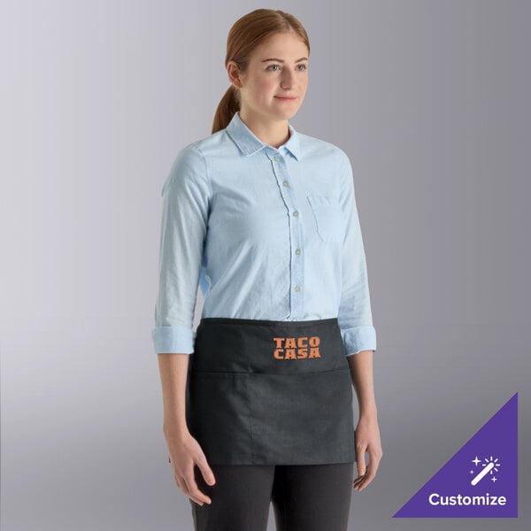 Choice Black Customizable Poly-Cotton Standard Waist Apron with 3 Pockets