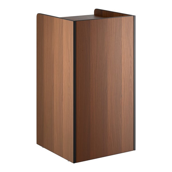 A walnut-colored 35-gallon waste receptacle enclosure with a swing door.