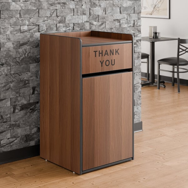 Lancaster Table & Seating Waste 35 Gallon Walnut Waste Receptacle Enclosure with "THANK YOU" Swing Door