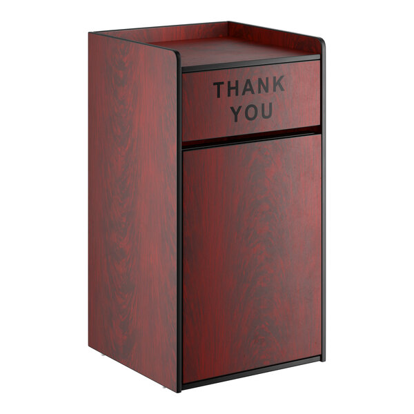 A mahogany-colored 35-gallon waste receptacle enclosure with a 'THANK YOU' swing door.