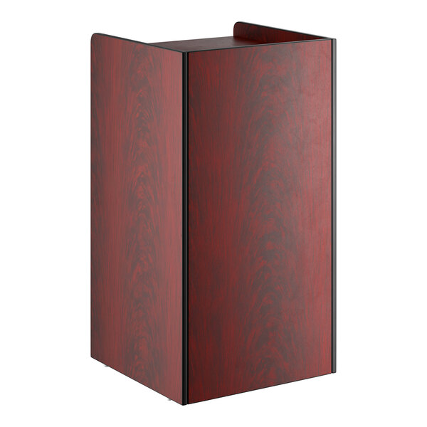 A mahogany-colored 35-gallon waste receptacle enclosure with a swing door labeled 'THANK YOU.'