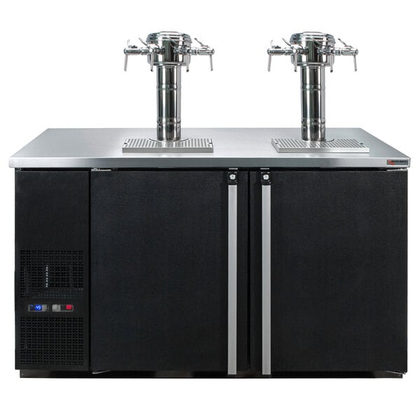 A black Micro Matic wine dispenser with two stainless steel beer taps on a counter.