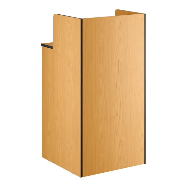 A natural wood waste receptacle enclosure with a drop hole and tray shelf designed to hold a 32-gallon container.