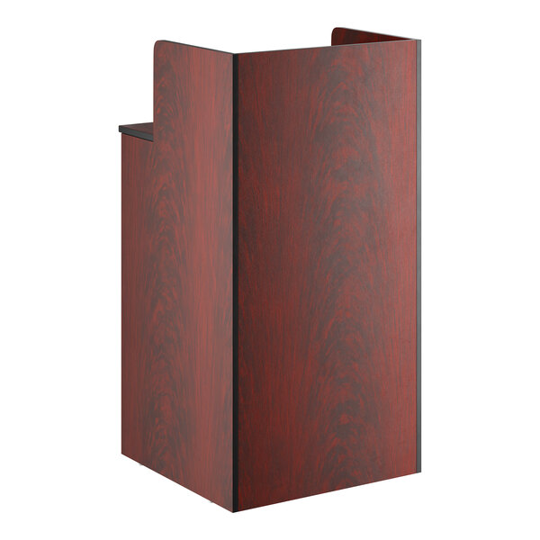A mahogany wood waste receptacle enclosure with a drop hole and tray shelf designed to hold a 32-gallon container.