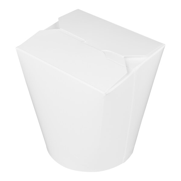 A white 32 oz. microwavable paper take-out container with a folded lid.