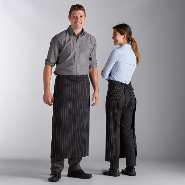 Choice Black and White Pinstripe Poly-Cotton Standard Waist Apron with 3  Pockets - 12 x 26