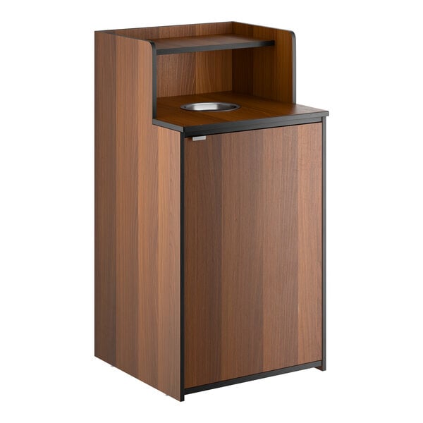 Lancaster Table & Seating Waste 32 Gallon Walnut Waste Receptacle Enclosure with Drop Hole and Tray Shelf