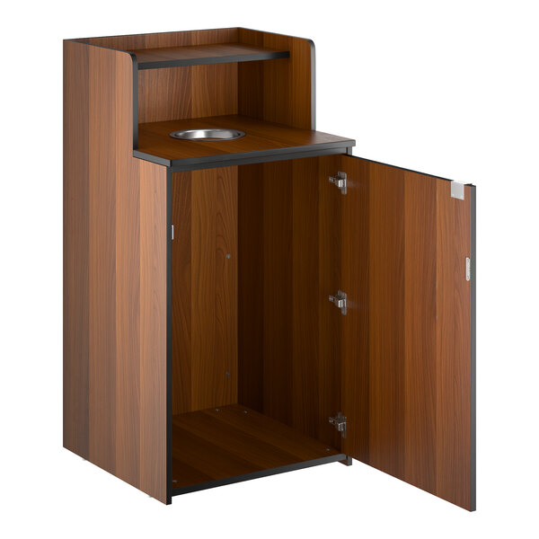 Lancaster Table & Seating Waste 32 Gallon Walnut Waste Receptacle Enclosure with Drop Hole and Tray Shelf