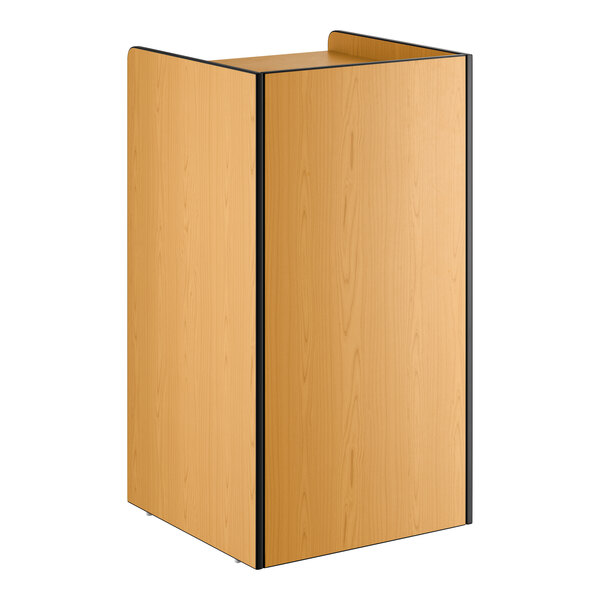 A natural wood-finish waste receptacle enclosure with a swing door labeled 'THANK YOU' designed to hold a 35-gallon trash can.