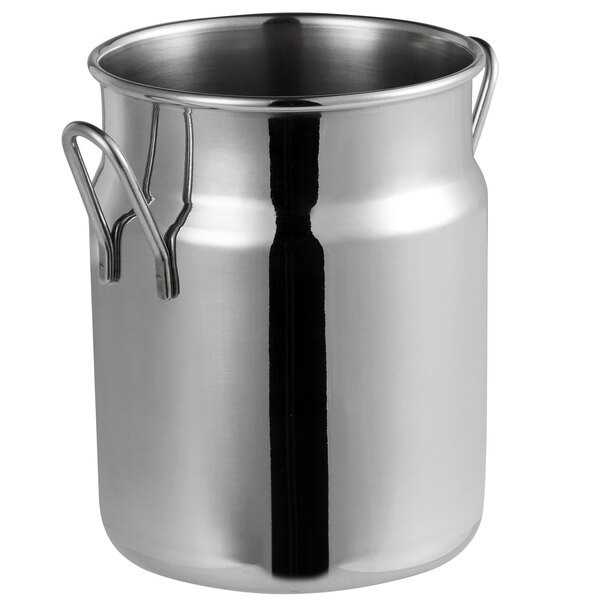 A silver stainless steel Vollrath mini milk can with a handle.
