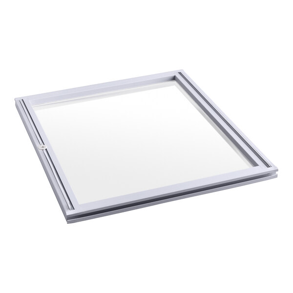A square, white-framed glass panel with a sliding mechanism, viewed at an angle against a white background.