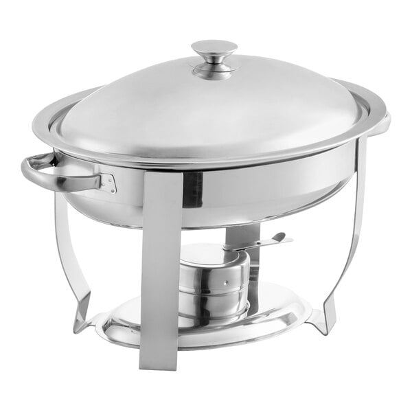 A stainless steel oval chafer with a lift-off lid and fuel holder underneath.