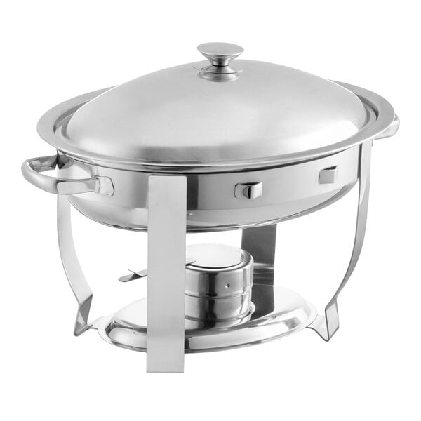A stainless steel oval chafer with a lift-off lid and fuel holder underneath.