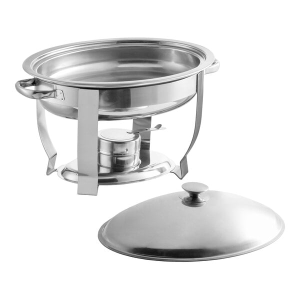 A stainless steel oval chafer with a lift-off lid and fuel holder, designed for serving hot food.
